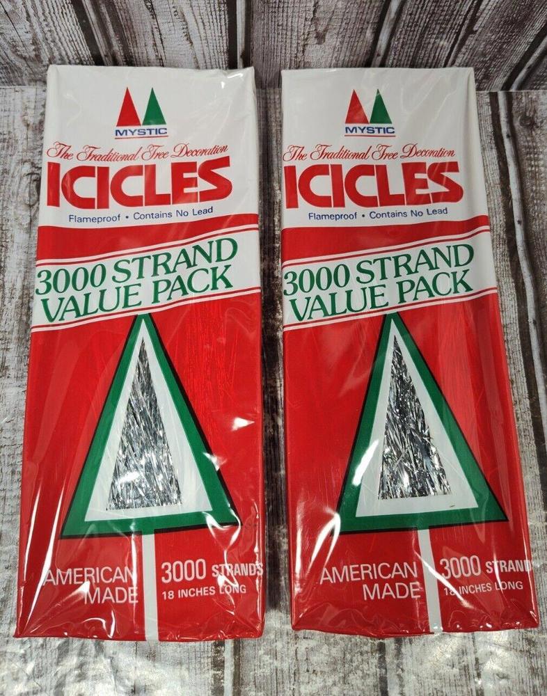 Set of 2 Vintage Silver Mystic Icicles 18” 3000ct Each Flameproof USA Made Rare